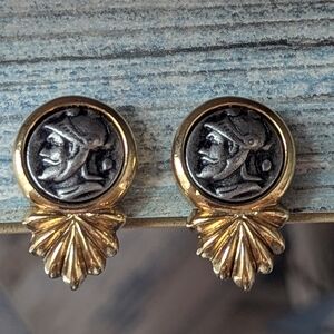 Vintage Roman Soldier Clip-On Earrings | Gold Tone Greek Revival Medallion